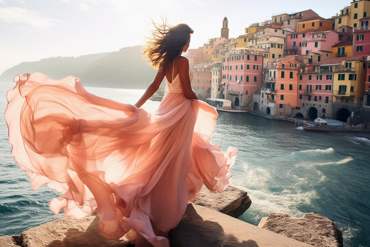 Beautiful girl in a pink dress on the background of the old town on sea shore. Fashion fotography. Generative AI