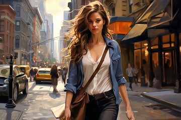 Fototapeta premium Beautiful girl with long curly hair in a blue shirt in the city. Stylish illustration. Generative AI