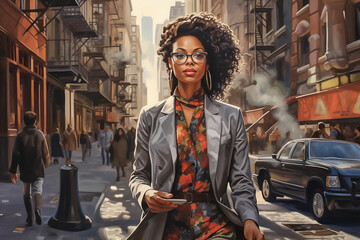 Fashionable african american woman with curly hairstyle and eyeglasses in a city street. Stylized photo. Generative AI