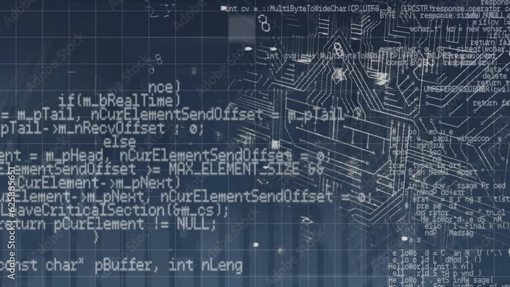 Poster animation of graph, computer language over padlock and circuit board pattern on black background