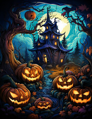 Halloween background with pumpkin and bats, generative AI

