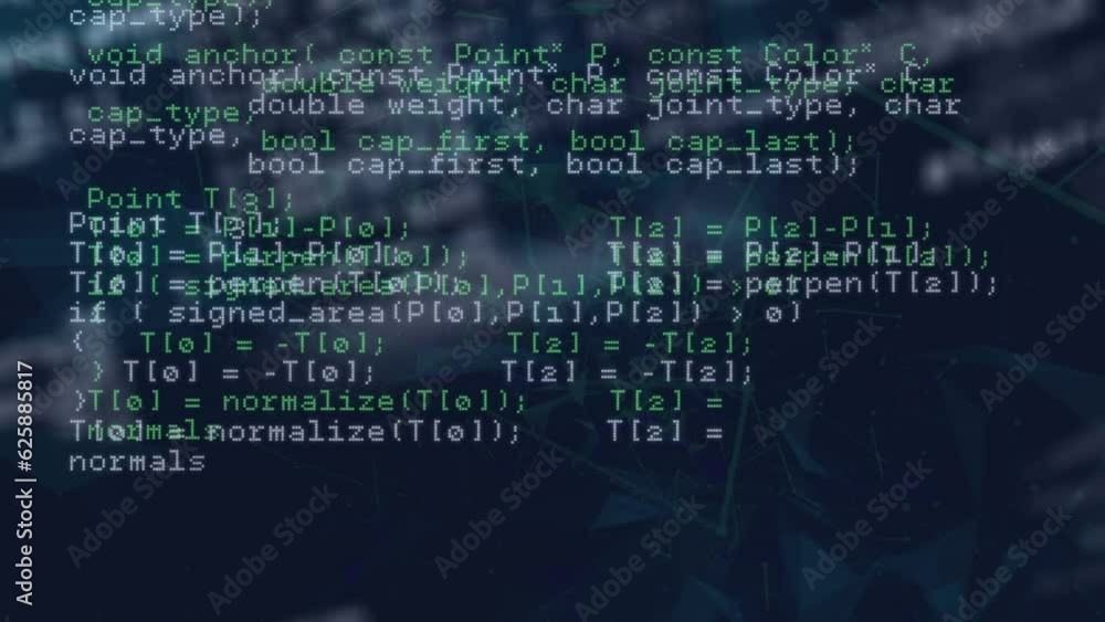 Poster animation of looping computer language, connected dots forming geometric shape on black background