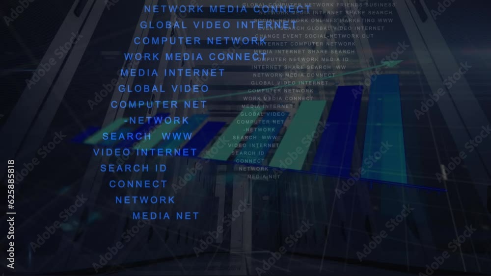 Poster animation of computer language over graph against low angle view of server room
