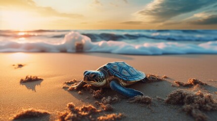 Turtle hatchling release on the beach, Conservation concept. Generative AI