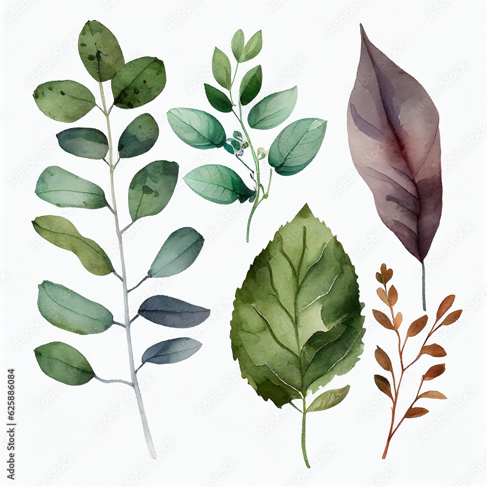 Wall mural watercolor leaf set generative ai