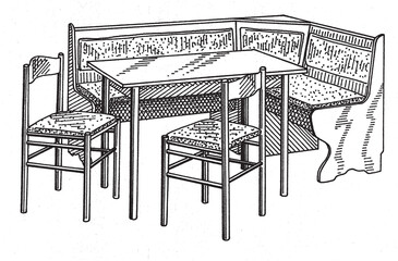 Black and white illustration of a corner seat group in line technique