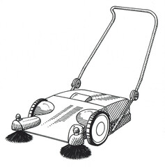 Black and white illustration of a sweeping machine in line technique