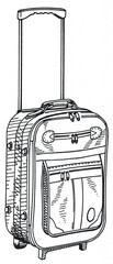 Black and white illustration of a roller suitcase in line technique