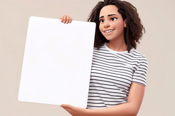 Fototapeta na wymiar 3D cartoon style. A beautiful smiling woman holding a blank sheet of white paper. Created using generative Ai
