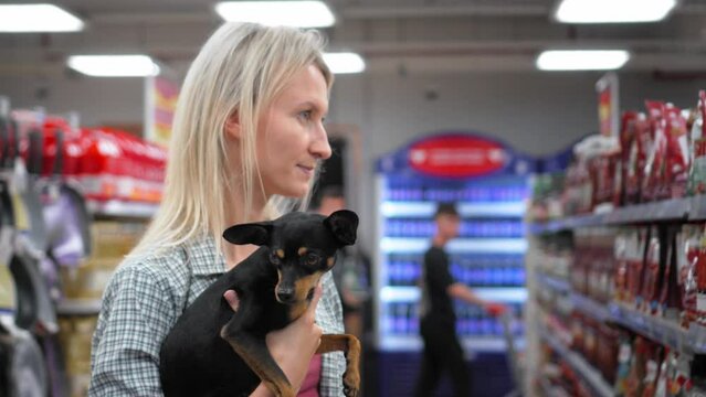 Young beautiful blonde woman with her little dog toy terrier walking through supermarket or store and shopping for groceries. Family, freedom from children. Child Free