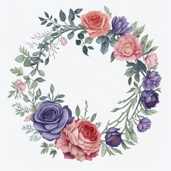  Wreaths, floral frames, watercolor flowers pink roses, Illustration hand painted. Isolated on white background. Perfectly for greeting card design,round flower, floral round, round floral