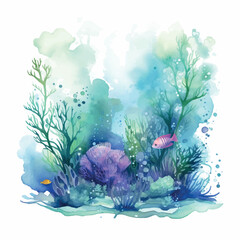 Fototapeta na wymiar Watercolor underwater floral bouquet with corals and fish. Flat vector/png illustration isolated on white background