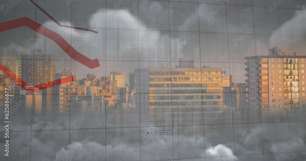 Aufkleber animation of multiple falling graphs over dense clouds and modern cityscape against sky