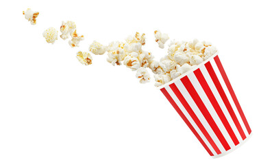 Popcorn flying out of red-white striped paper cup, cut out