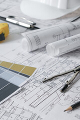 Architects concept,eco project house,Retrofit movement,engineer architect designer working drawing sketch plans blueprints and making construction eco model,architect project