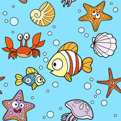 Naklejka premium Seamless pattern from cute carton sea inhabitants starfishes, fishes, crab, seashells and jellyfish