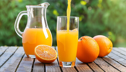 orange juice pouring in glass from jug and ripe fruits on wooden table outdoors. Summer refreshing...