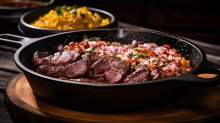 Arrachera sizzling on a black cast iron skillet with a side of refried beans and rice, captured with a Sony Alpha A7 III mirrorless camera, using a 50mm prime lens --v 5.2 --ar 16:9 --no cutlery knive