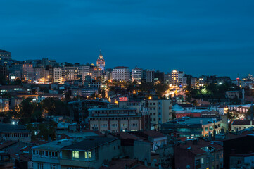 The Galata Tower on the Istanbul skyline at night, Turkey. City panorama at night