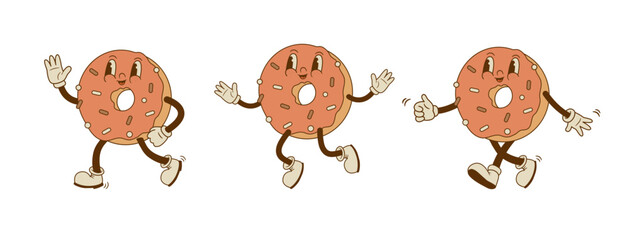 Set of retro cartoon funny donut characters. Bakery mascot. Vintage street food vector illustration. Nostalgia