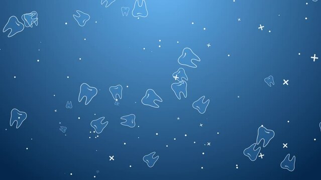 Blue animated background with drawn cartoon teeth. Rotating dental symbols. Abstract looping motion graphics. Copy space.