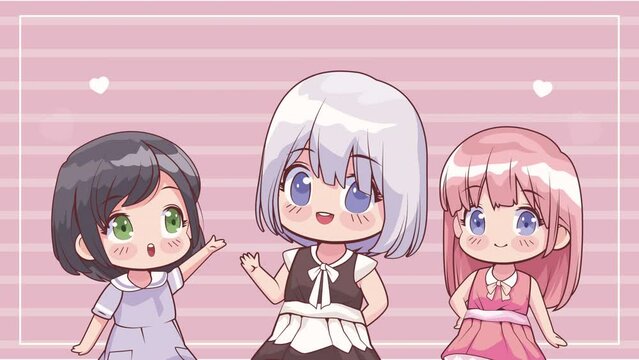 three teenagers girls anime characters animation