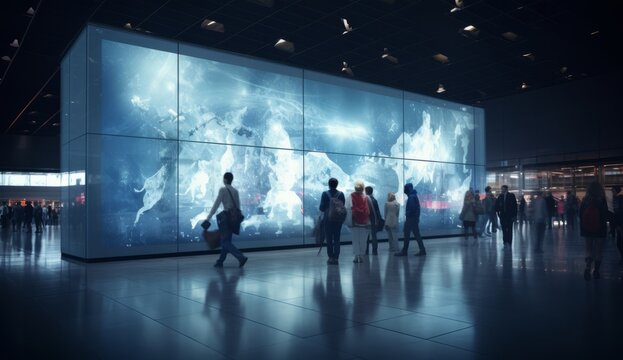 People walking in front of a big screen in the background