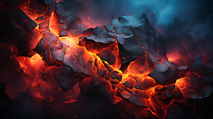 Dark organic rock background with hot and smouldering embers and fire beneath the cracks. Created with Generative AI. 