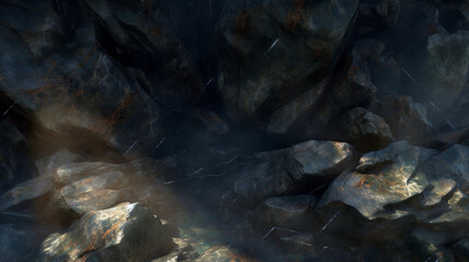 Obraz premium A mysterious, fog-filled cave with towering, jagged rocks, cinematic Lighting, dark stones