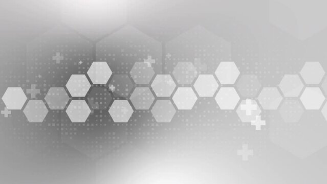 Strip healthcare icons in hexagons. Looped medical animation with geometric shapes of crosses on grey background. Copy space.
