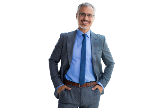 Mature businessman in a corporate suit standing  and smiling at camera on a transparent background