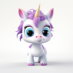 Cute Unicorn, 3D Cartoon, friendly, solid white background
