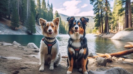 Dogs in nature dressed in sports suits. Fitness friends. Animals focused on fitness. Generative AI