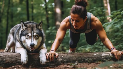 A woman runs with a dog. A girl with a dog on fitness training. Fitness, exercise, training and...