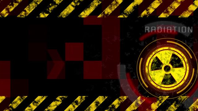 Warning background whith glowing nuclear symbol. Red screen message of radioactive danger. Flashing animated elements with world map. Looped seamless.