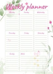 Weekly planning. Watercolor background. Vector illustration - obrazy, fototapety, plakaty