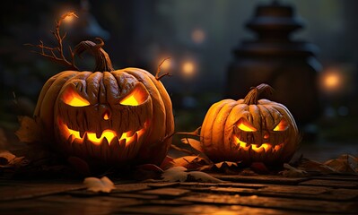 Fototapeta premium Halloween pumpkin head jack lantern with burning candles