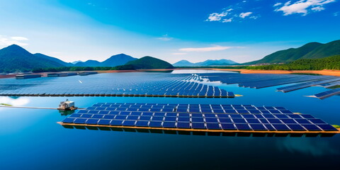 floating solar farm on a serene lake, harnessing solar energy while minimizing land use. Generative Ai