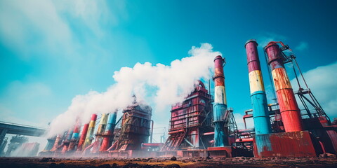 Industrial chimneys releasing steam and pollutants into the air. Generative Ai