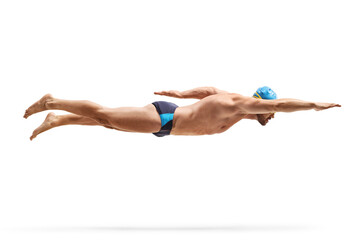 Male swimmer with a cap and goggles swimming freestyle stroke