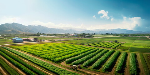 sprawling agricultural farm with fields of crops, tractors, and machinery involved in food...