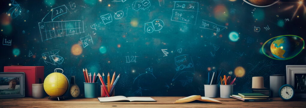 back to school theme, featuring a chalkboard background adorned with educational icons and symbols. Generative Ai - Powered by Adobe