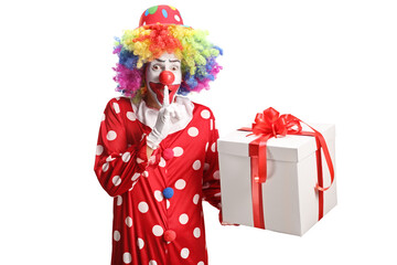 Clown with a birthday present making a finger mouth shush sign