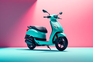 Fototapeta na wymiar Blue scooter or moped on colored background.AI generated