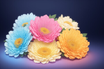 Floral Decor Illustration. Different colors bouquet arrangement with navy blue gradient background. Generative AI.