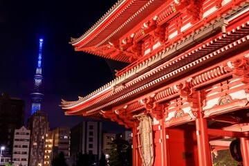 東京　浅草寺の夜景（宝蔵門と東京スカイツリー）