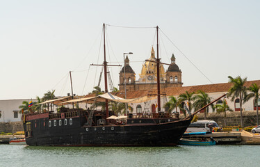old galleon ship at the dock of cartagena colonial in colombia walled city