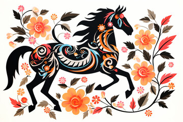 Pattern design using black horse and flowers and leaves. Wildlife Animals. Illustration, Generative AI.