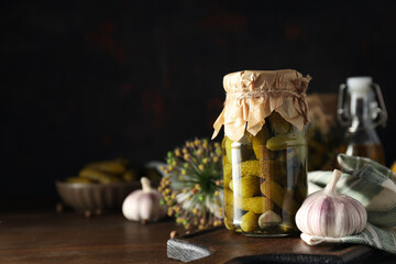 Tasty canned food concept, canned cucumbers, food for winter