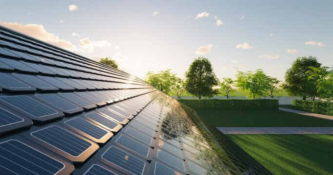 3d rendering of solar or photovoltaic shingles in perspective on roof of home or house building. System technology to generate electrical power or direct current electricity by light or sunlight.
